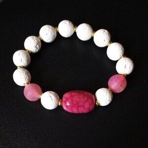 White Lava Rock Beads + Pink Dragonvein Agate ~ Petite Chunky Stretch Bracelet